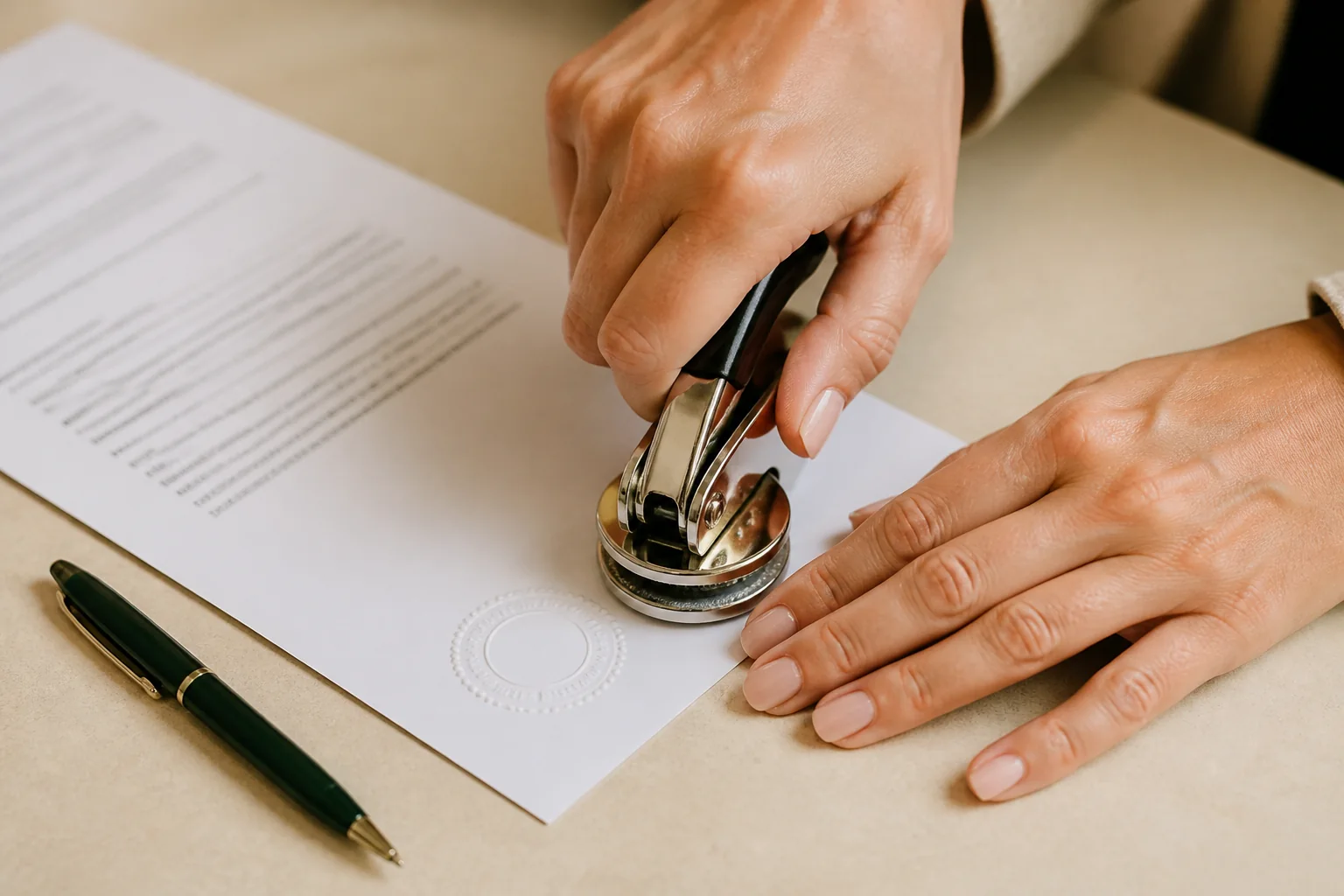 A notary pressing a seal into a document